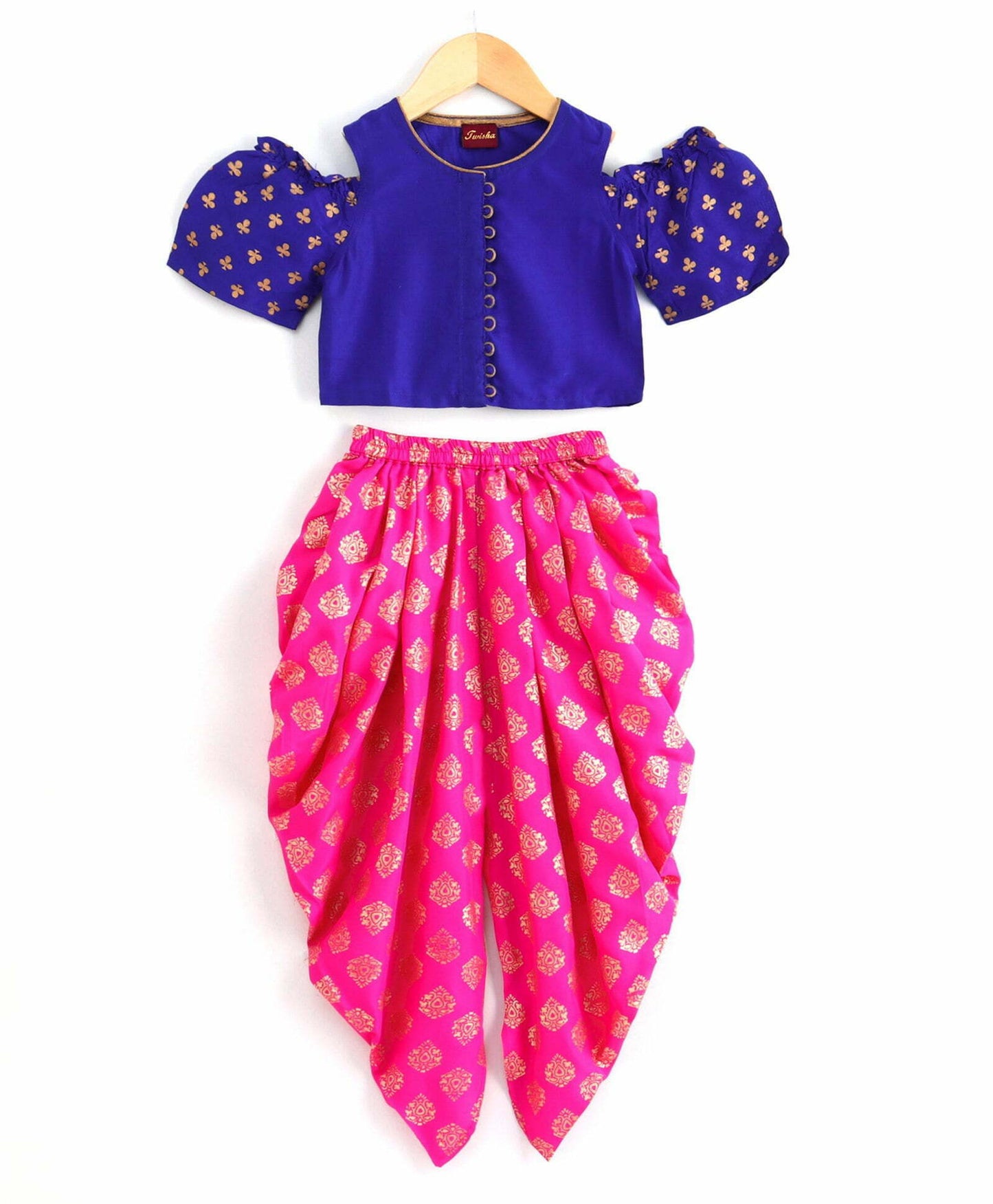 Girls Cold Shoulder Top With Dhoti Set-Blue Pink