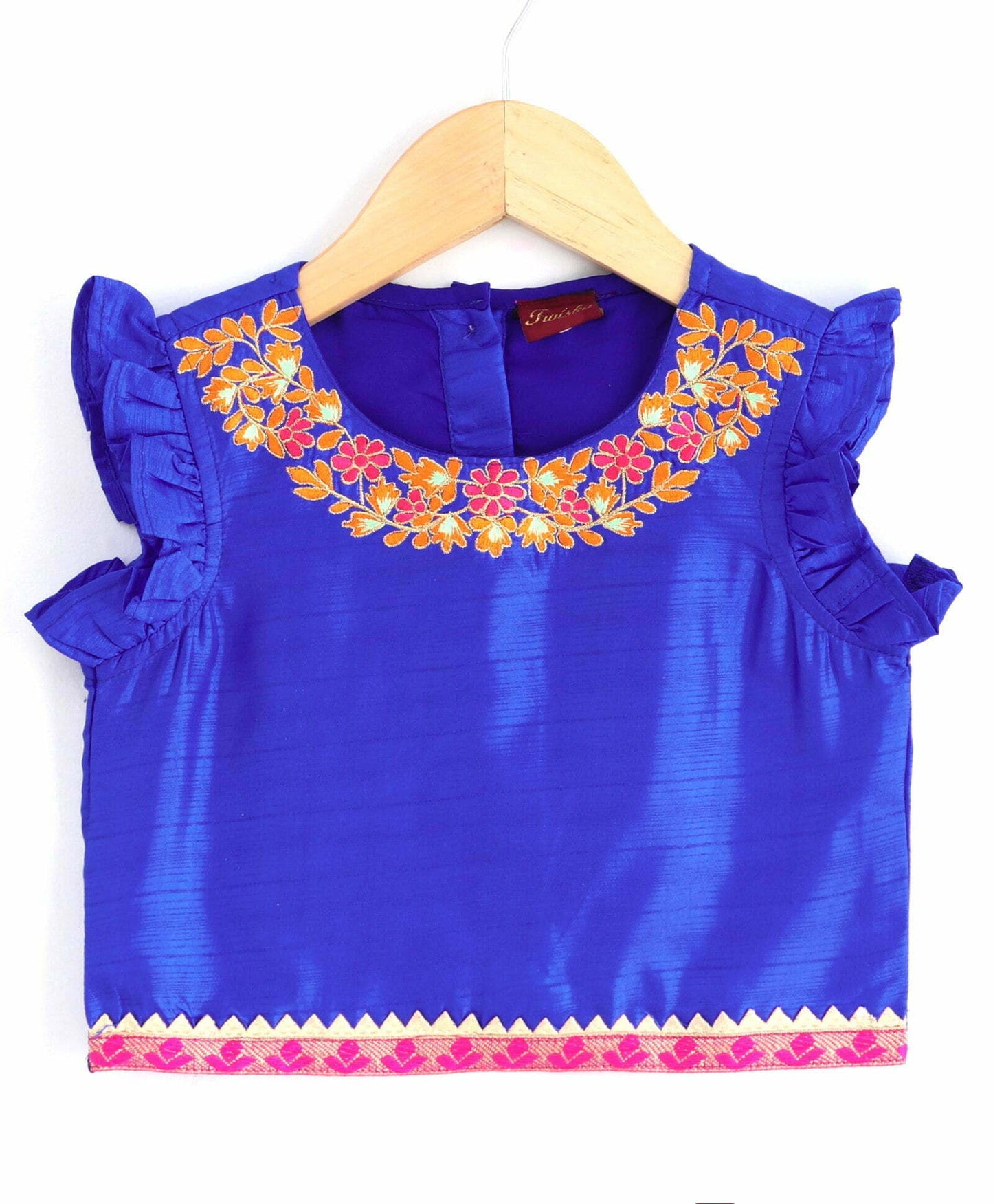 Girls Embroidered Neckline Top With Dhoti Set-Blue And Orange