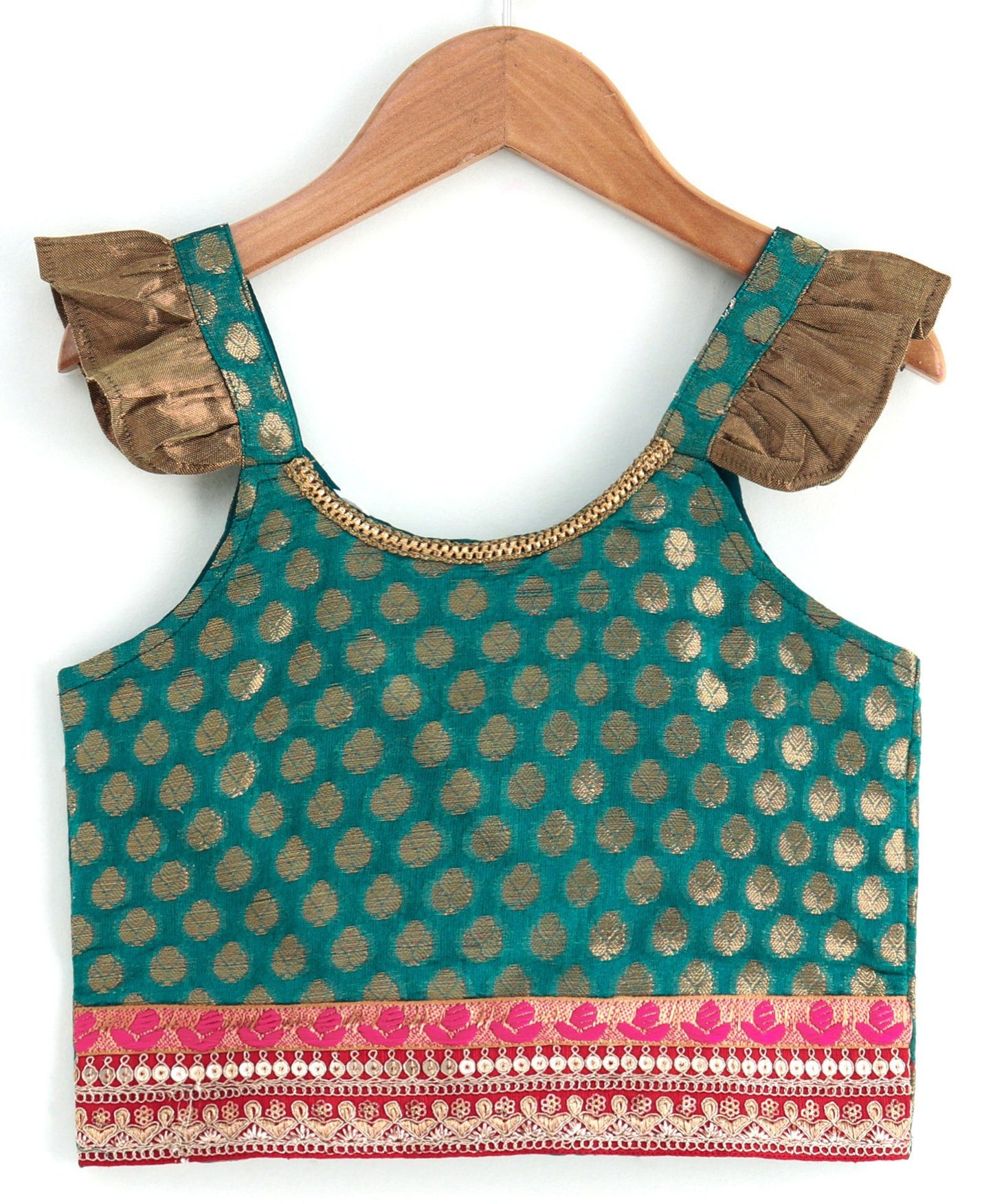 Girls Brocade Top With Designer Dhoti - Green & Red