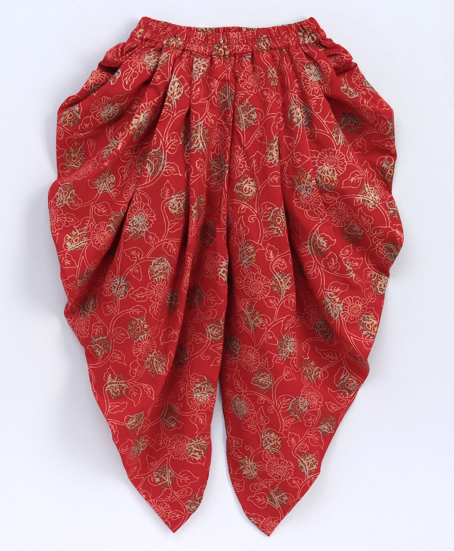 Girls Brocade Top With Designer Dhoti - Green & Red