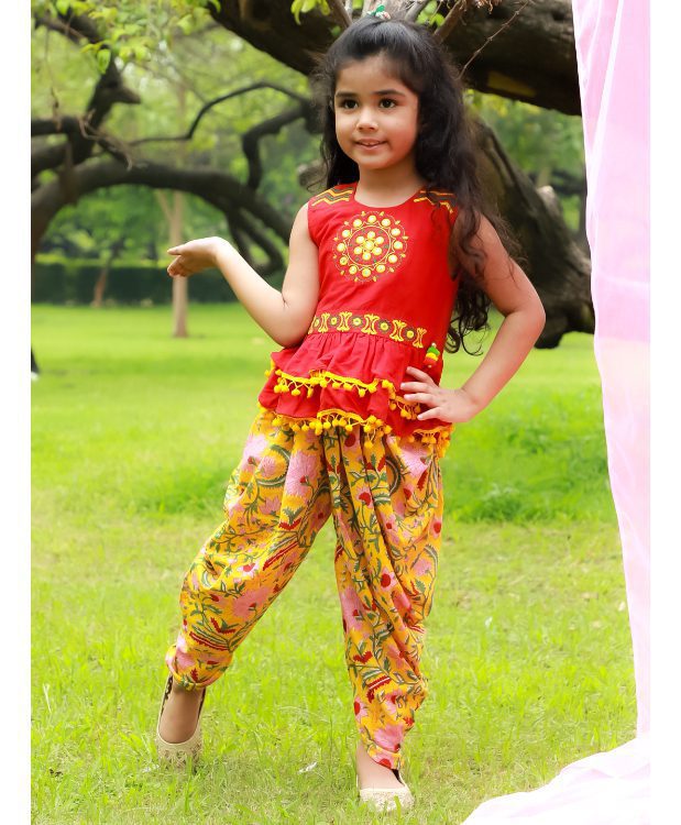 Twisha Girls Peplum Top and Dhoti - Red & Yellow