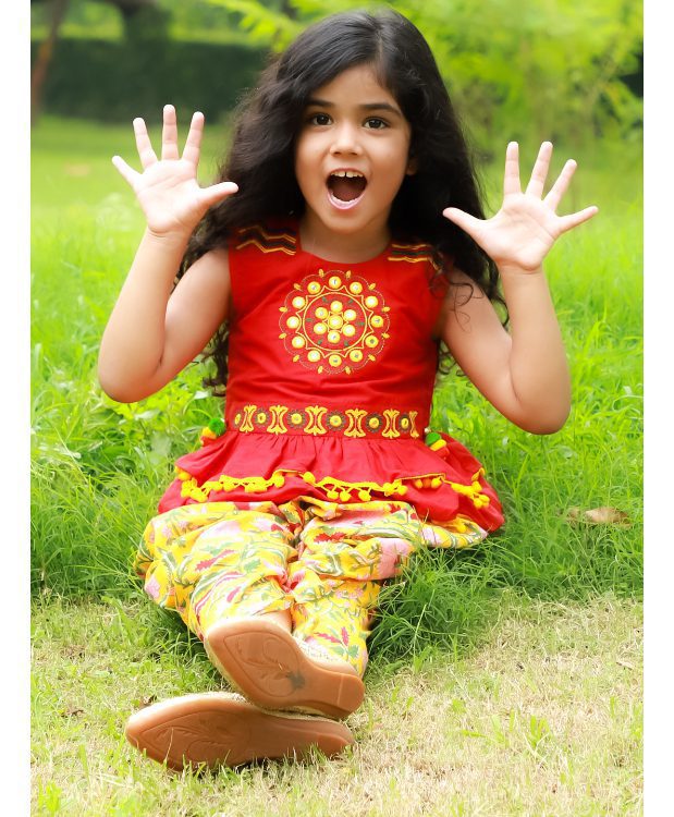 Twisha Girls Peplum Top and Dhoti - Red & Yellow