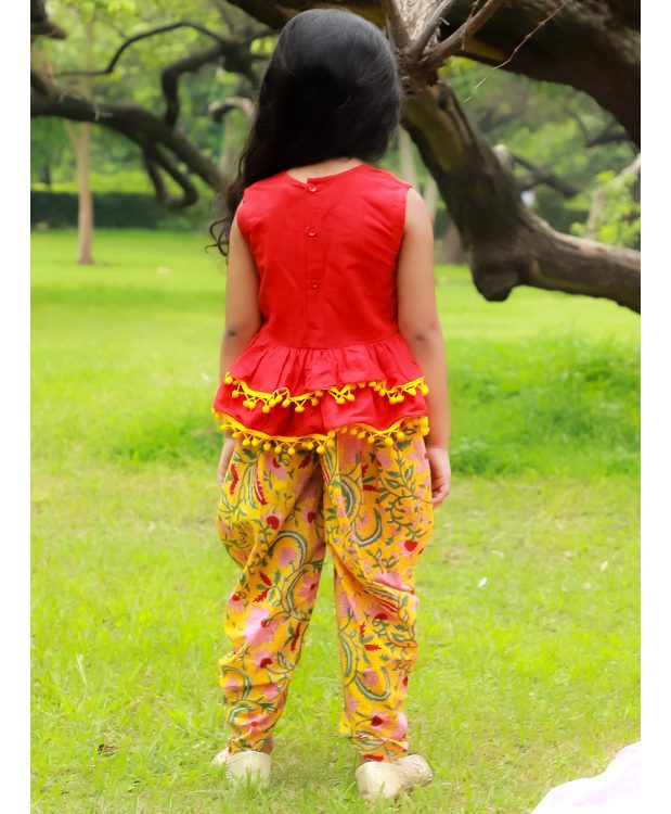 Twisha Girls Peplum Top and Dhoti - Red & Yellow