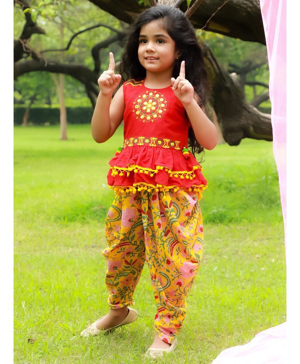 Twisha Girls Peplum Top and Dhoti - Red & Yellow