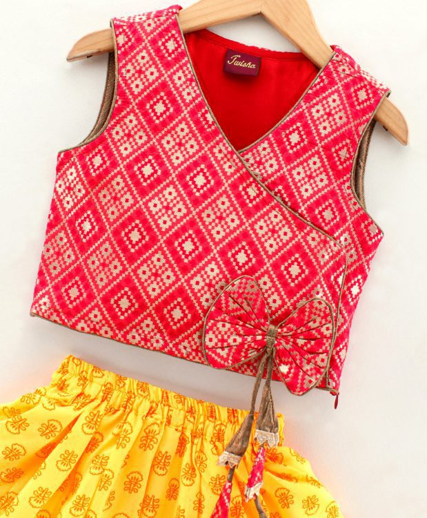 Twisha Girls Smart Bow And Tassles Details Top With Printed Dhoti- Red & Yellow