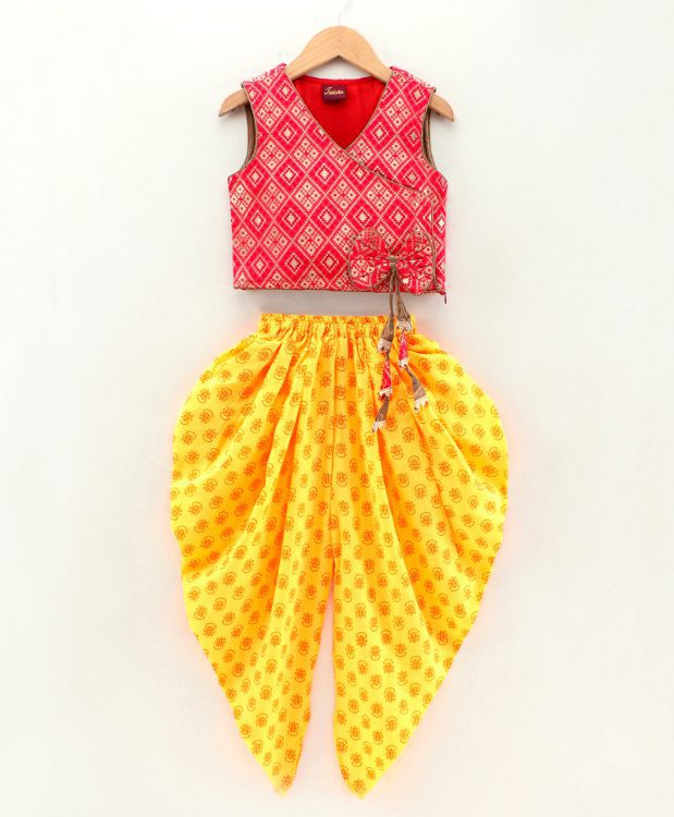 Twisha Girls Smart Bow And Tassles Details Top With Printed Dhoti- Red & Yellow