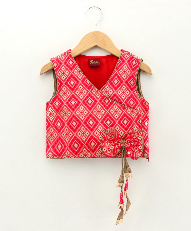 Twisha Girls Smart Bow And Tassles Details Top With Printed Dhoti- Red & Yellow