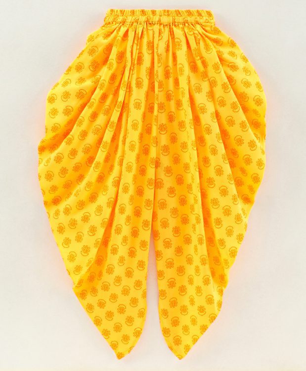 Twisha Girls Smart Bow And Tassles Details Top With Printed Dhoti- Red & Yellow