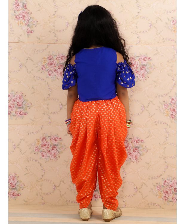 Cold Shoulder Top with Dhoti- Blue & Orange