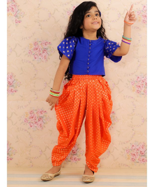 Cold Shoulder Top with Dhoti- Blue & Orange