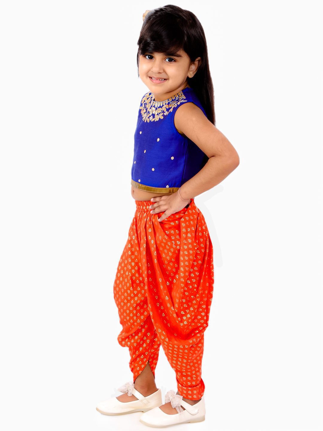 Twisha Girls Embroidered Top And Printed Dhoti- Blue & Orange