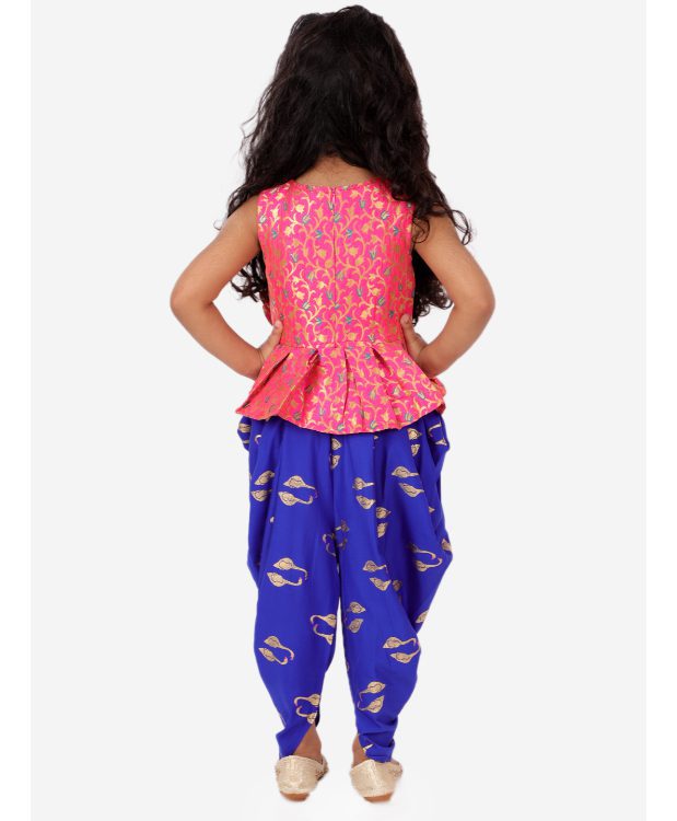 Twisha Girls Brocade with Bow Detail Top And Flamingo printed Dhoti Set-Pink And Blue