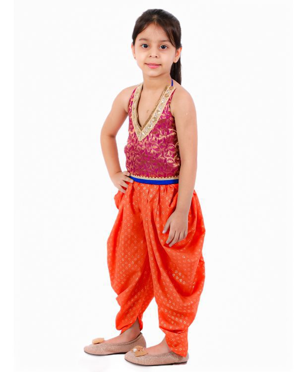 Twisha Girls Brocade with Emroidery Deatil Top And Printed Dhoti -Majenta And Orange