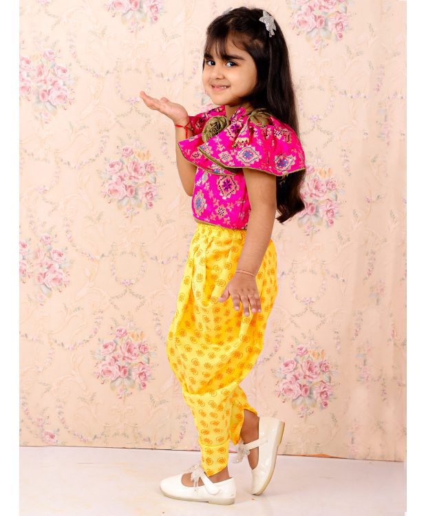 Twisha Girls Brocade with Frill Detail Top And Dhoti Set-Pink And Yellow