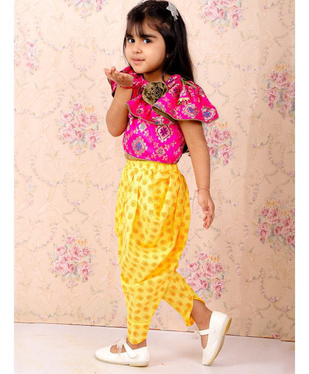 Twisha Girls Brocade with Frill Detail Top And Dhoti Set-Pink And Yellow