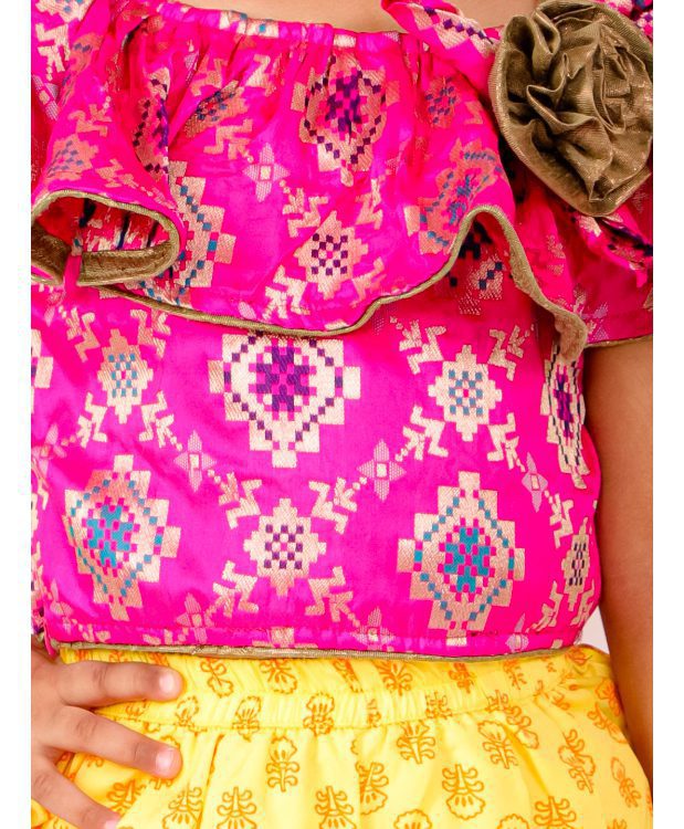 Twisha Girls Brocade with Frill Detail Top And Dhoti Set-Pink And Yellow