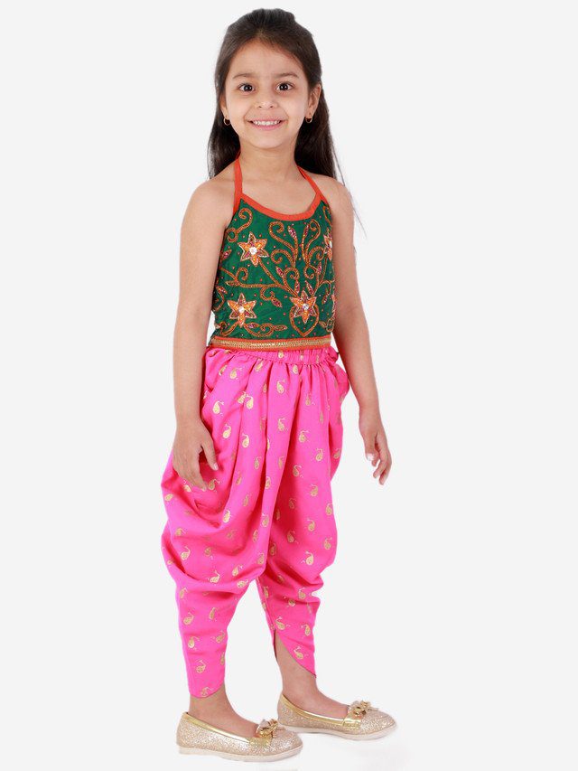 Twisha Girls Hand Embroidery Tie Up Top with dolphin printed Dhoti set-Green& Pink