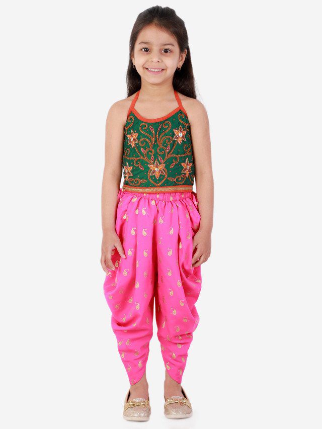 Twisha Girls Hand Embroidery Tie Up Top with dolphin printed Dhoti set-Green& Pink