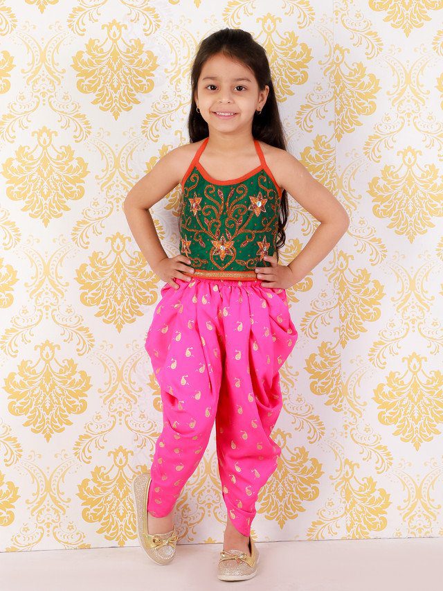 Twisha Girls Hand Embroidery Tie Up Top with dolphin printed Dhoti set-Green& Pink