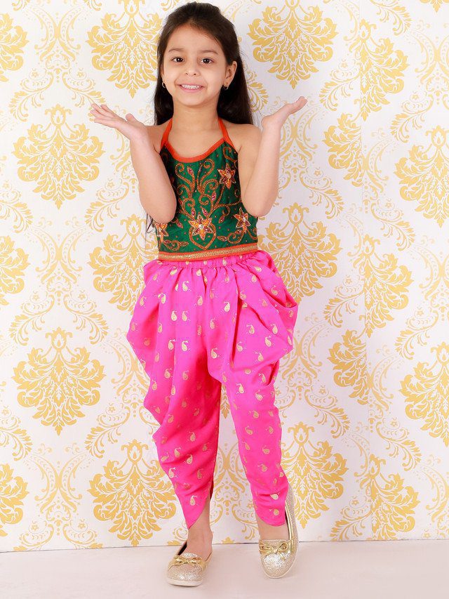 Twisha Girls Hand Embroidery Tie Up Top with dolphin printed Dhoti set-Green& Pink