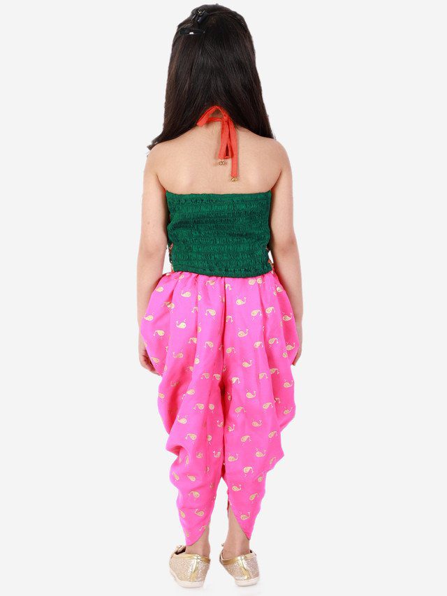 Twisha Girls Hand Embroidery Tie Up Top with dolphin printed Dhoti set-Green& Pink