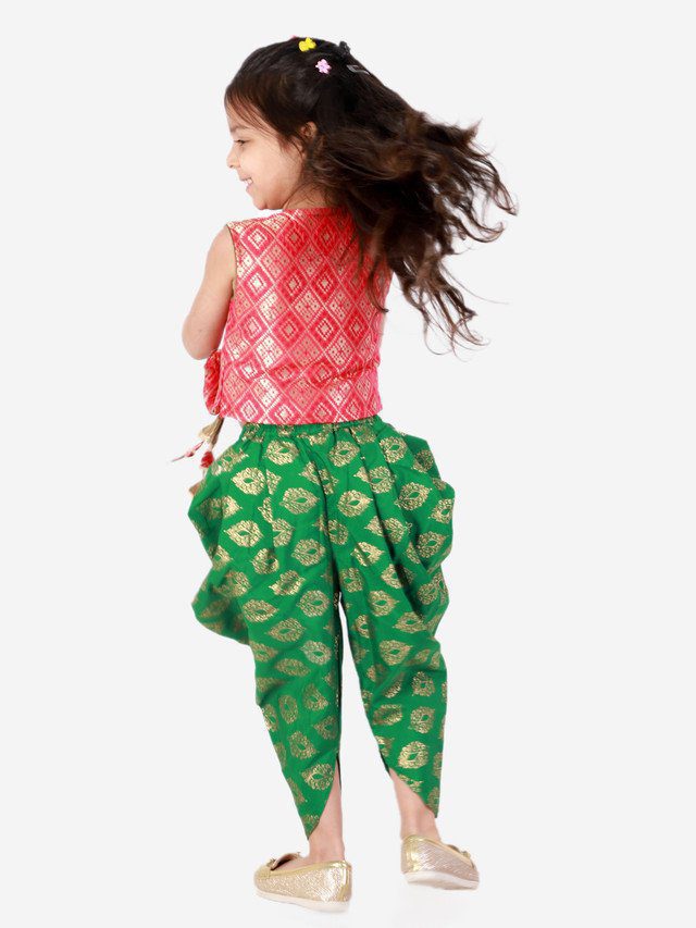 Girls Brocade Top With Designer bow and tassles with printed Dhoti - Red & Green