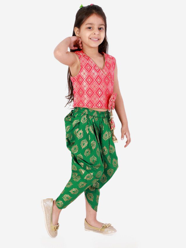 Girls Brocade Top With Designer bow and tassles with printed Dhoti - Red & Green