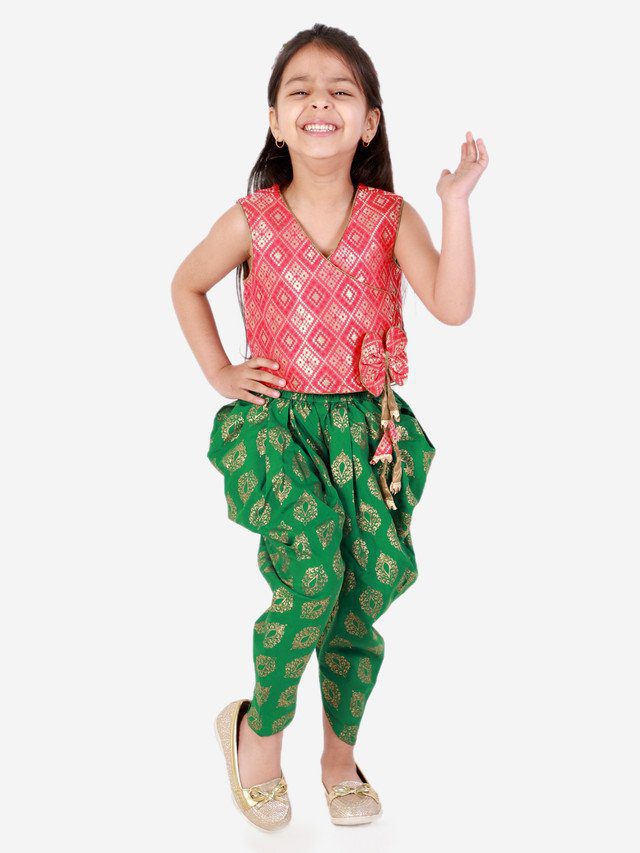 Girls Brocade Top With Designer bow and tassles with printed Dhoti - Red & Green