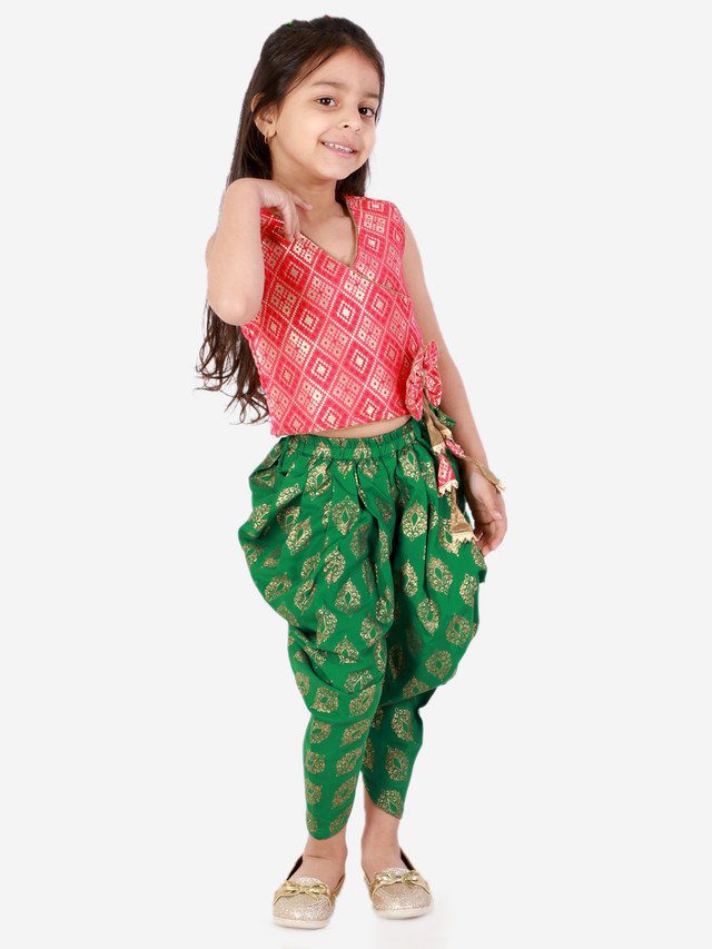 Girls Brocade Top With Designer bow and tassles with printed Dhoti - Red & Green