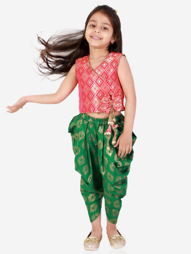 Girls Brocade Top With Designer bow and tassles with printed Dhoti - Red & Green