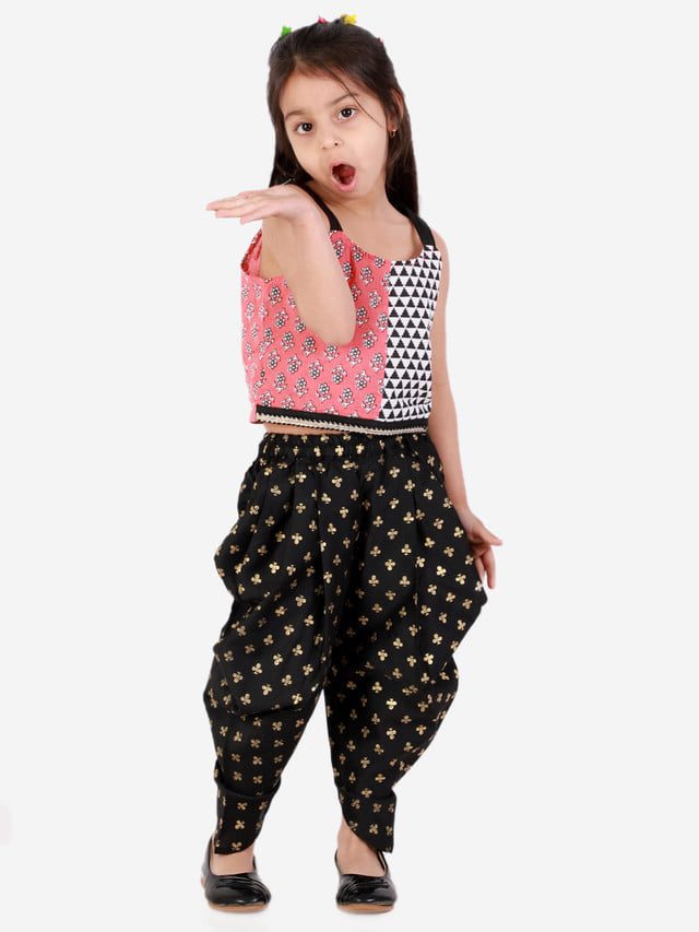 Twisha Girls half & half print top with printed Dhoti set - Pink & Black
