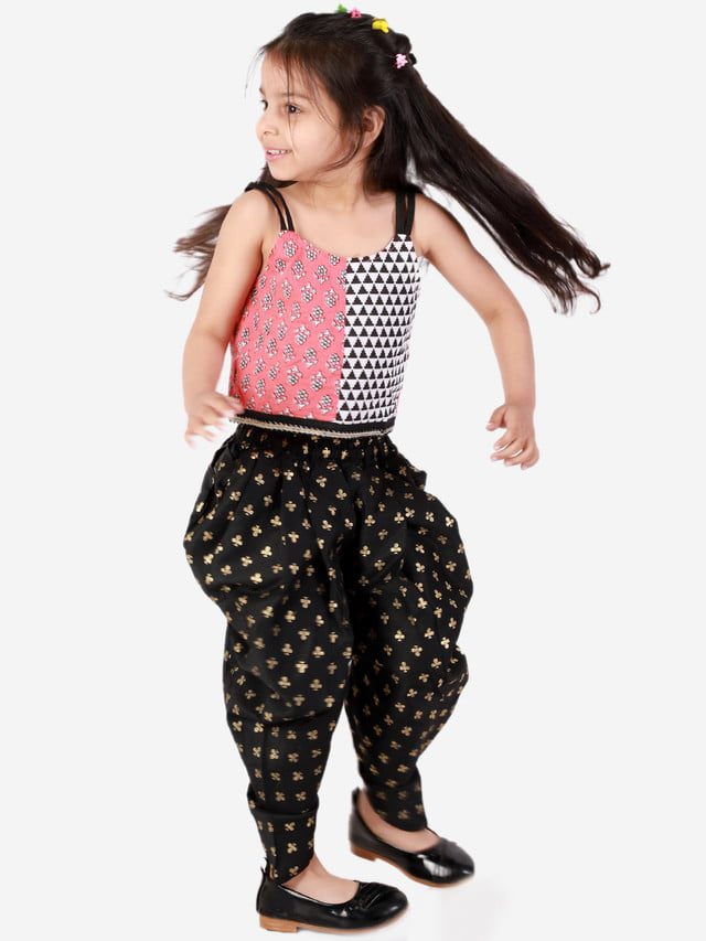 Twisha Girls half & half print top with printed Dhoti set - Pink & Black