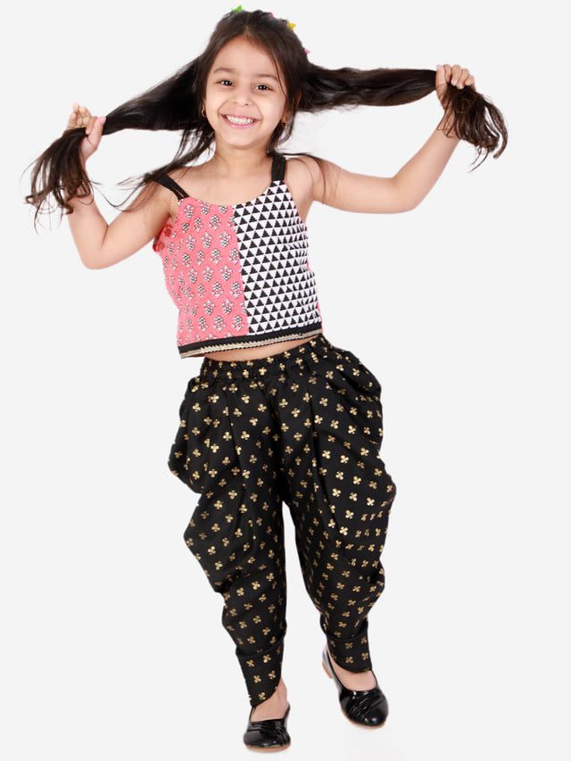 Twisha Girls half & half print top with printed Dhoti set - Pink & Black