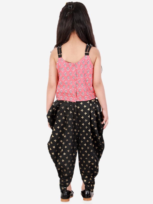 Twisha Girls half & half print top with printed Dhoti set - Pink & Black