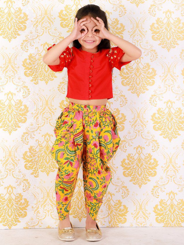 Twisha Girls printed top with potli button details and printed Dhoti-Red And Yellow