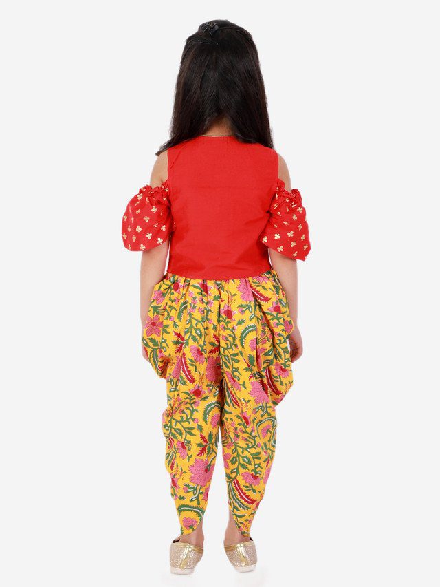 Twisha Girls printed top with potli button details and printed Dhoti-Red And Yellow