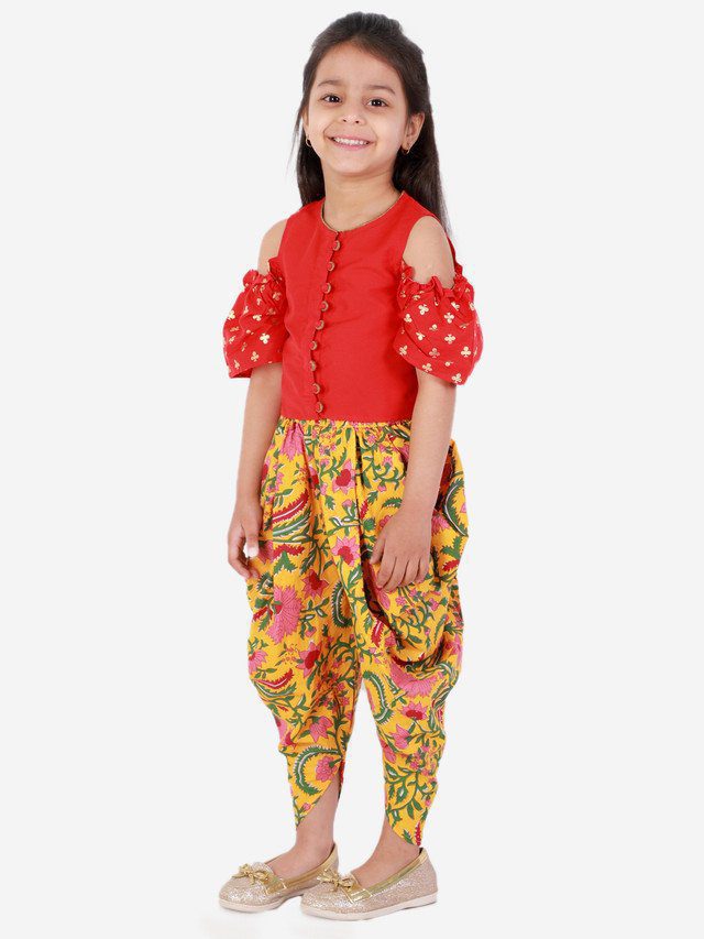 Twisha Girls printed top with potli button details and printed Dhoti-Red And Yellow