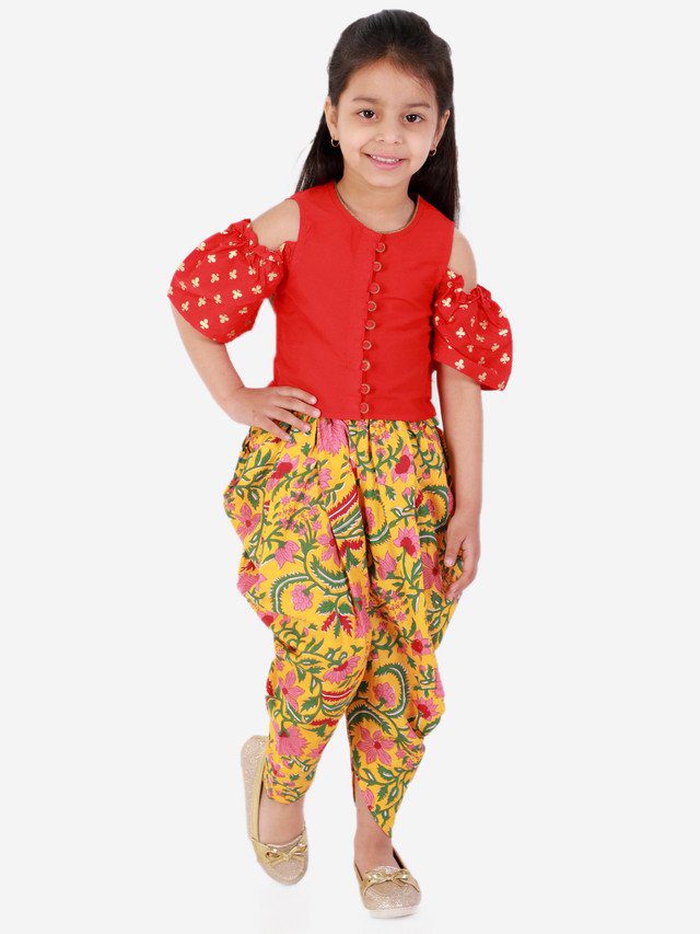 Twisha Girls printed top with potli button details and printed Dhoti-Red And Yellow