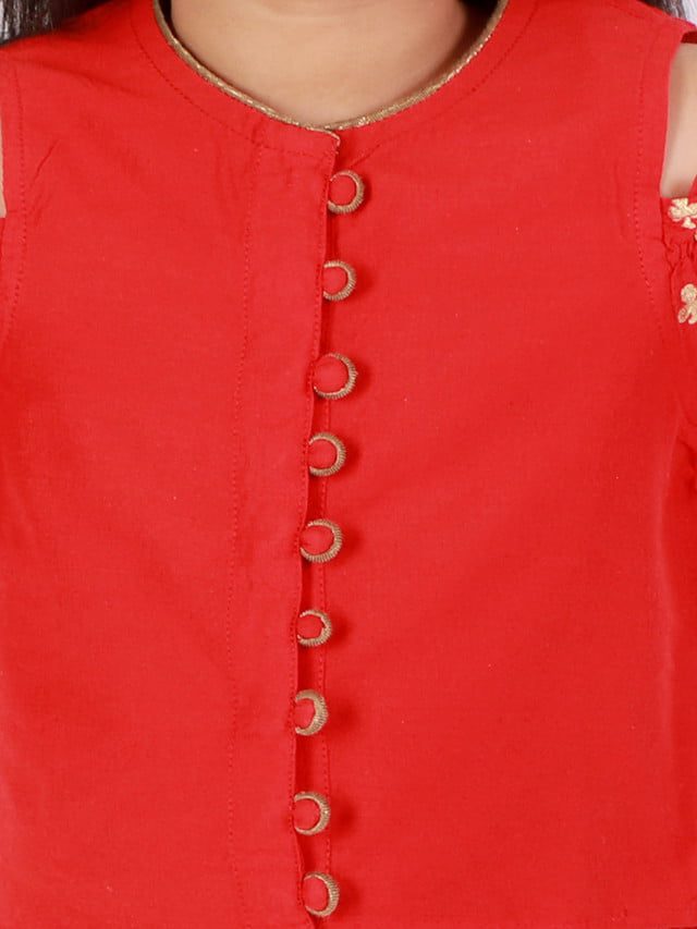 Twisha Girls printed top with potli button details and printed Dhoti-Red And Yellow