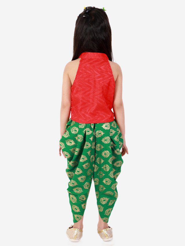 Girls Incut Style Top with Printed Dhoti Red & Green