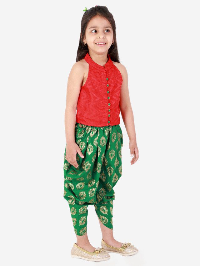 Girls Incut Style Top with Printed Dhoti Red & Green