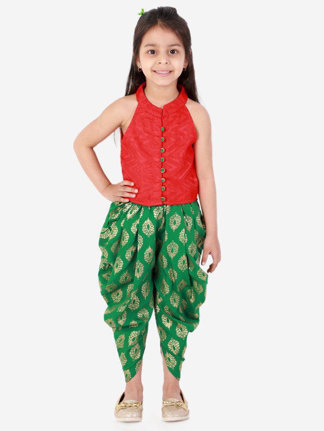 Girls Incut Style Top with Printed Dhoti Red & Green