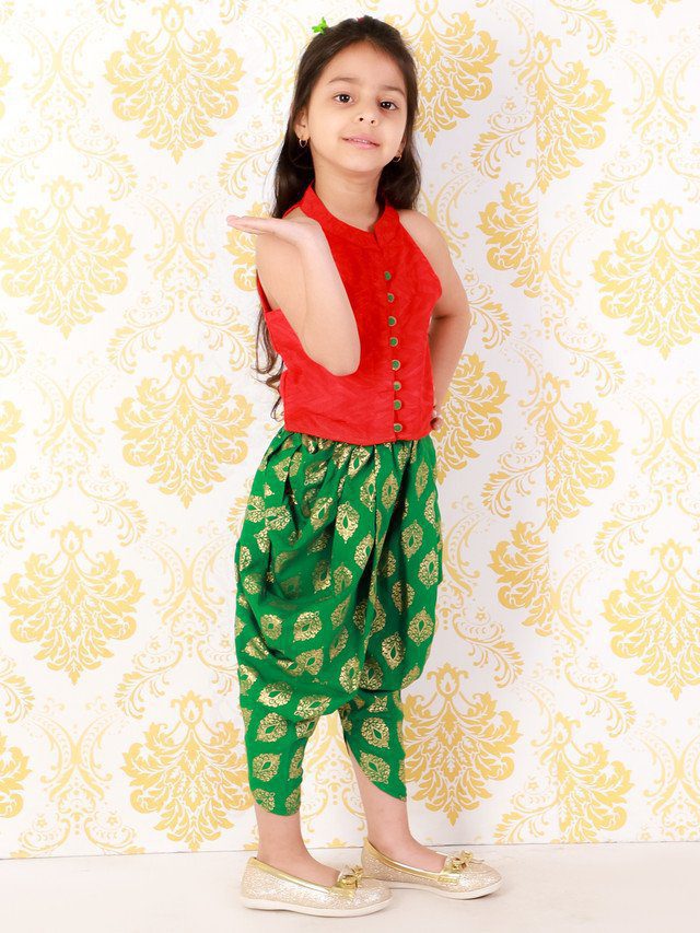 Girls Incut Style Top with Printed Dhoti Red & Green