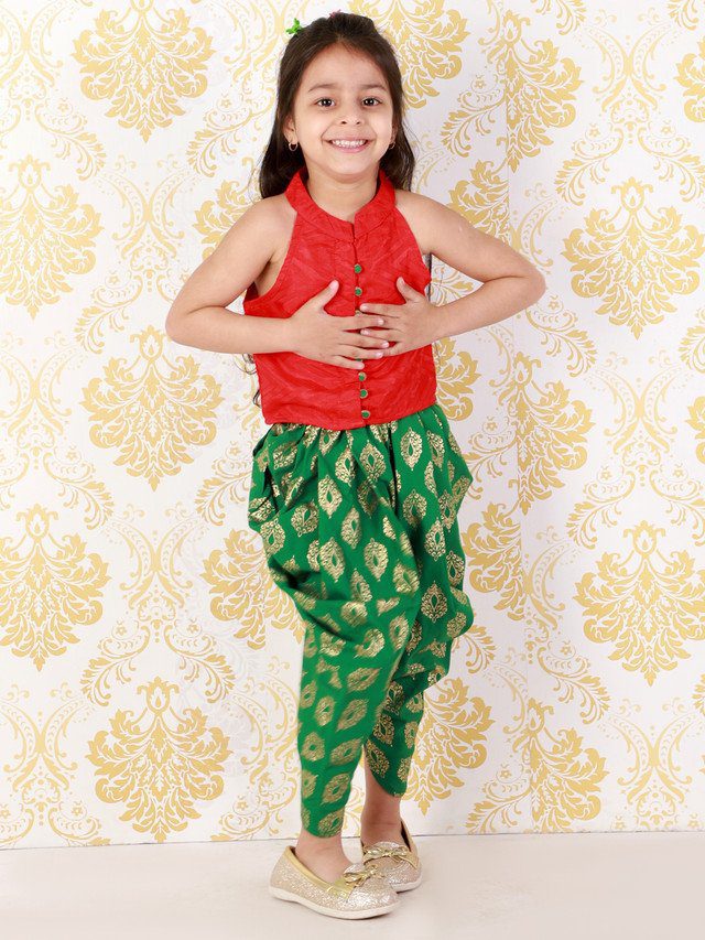 Girls Incut Style Top with Printed Dhoti Red & Green