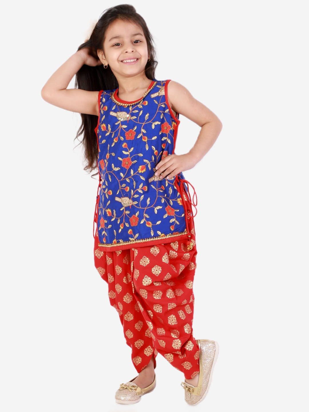 Girls Embroidered Kurti With Designer Dhoti-Blue & Red