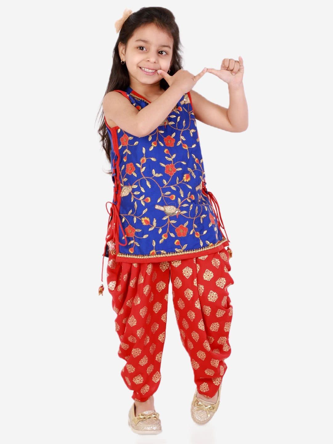 Girls Embroidered Kurti With Designer Dhoti-Blue & Red