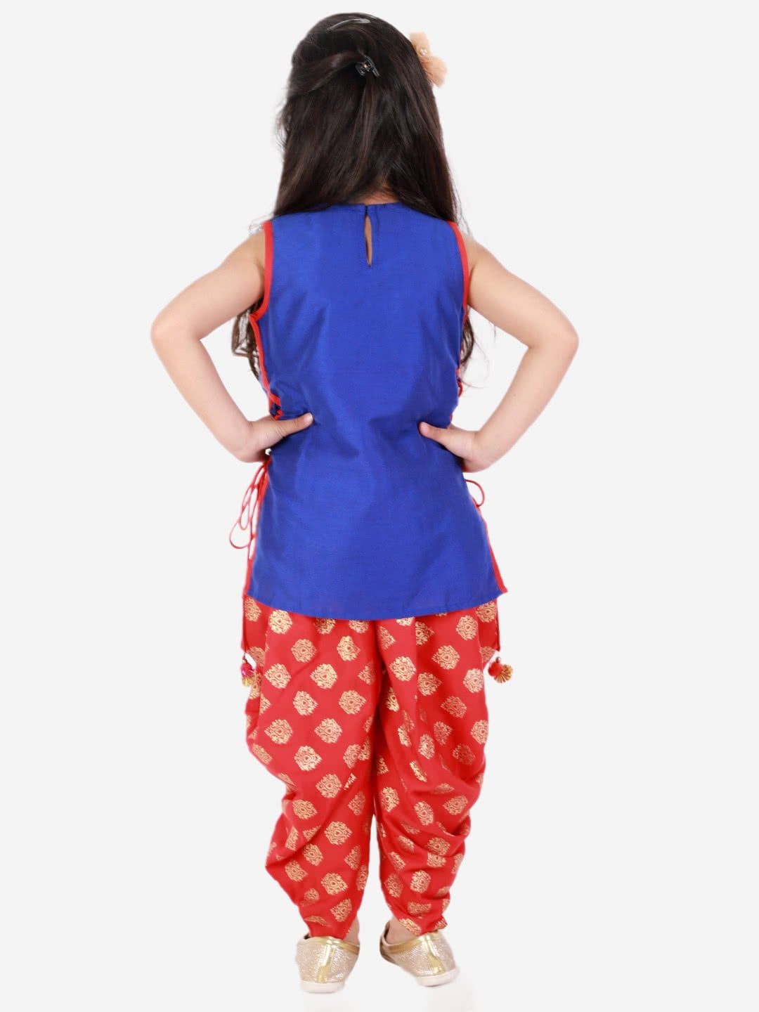 Girls Embroidered Kurti With Designer Dhoti-Blue & Red
