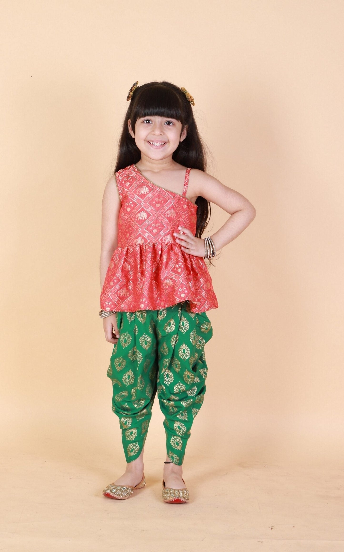 Twisha Girls Asymmetric Elephant Design Top With Printed Dhoti- Red & Green