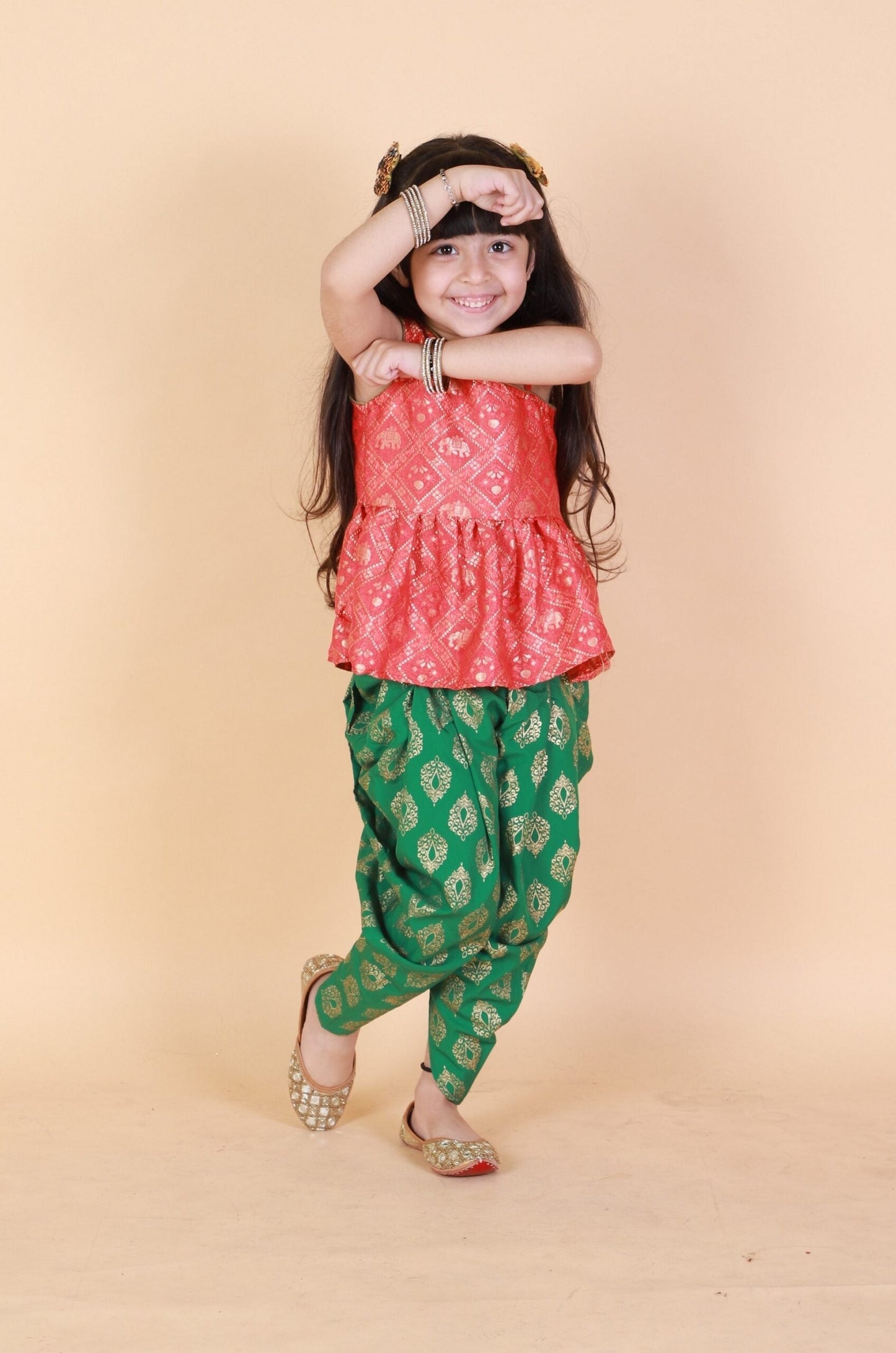 Twisha Girls Asymmetric Elephant Design Top With Printed Dhoti- Red & Green