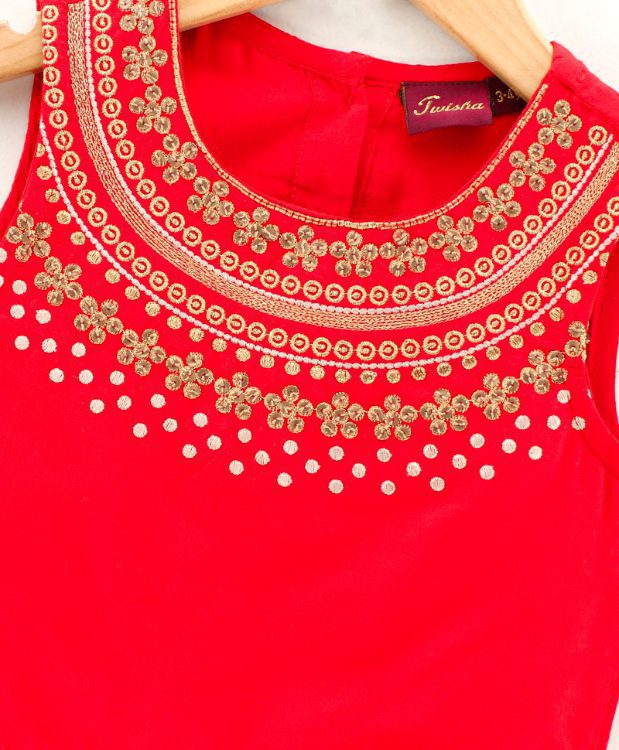 Twisha Girls Embroidered top with printed Dhoti-Red And Yellow
